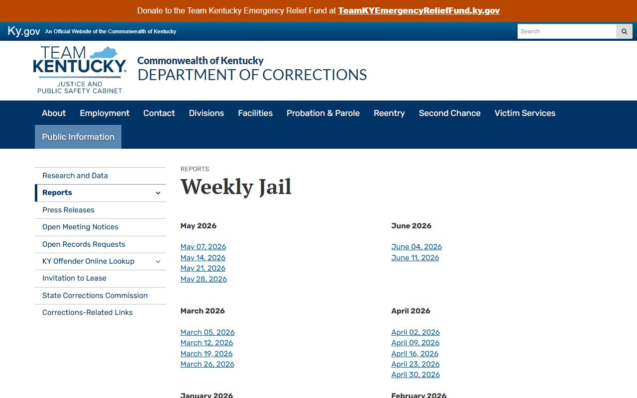 Kentucky DOC weekly jail report archive for McLean County inmate population statistics